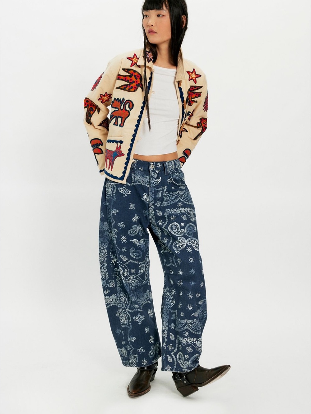 Free People Veveret Navy Bandana Paisley Print Barrel Jeans Medium